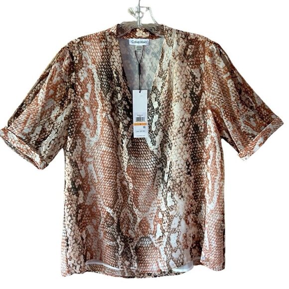 NEW Calvin Klein Snakeskin Print V Neck Top - Picture 1 of 6